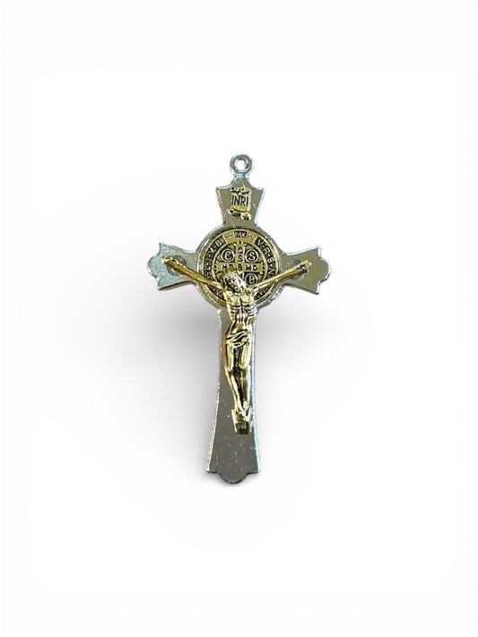 Silver St. Benedict pendant cross with a gold Christ figure.