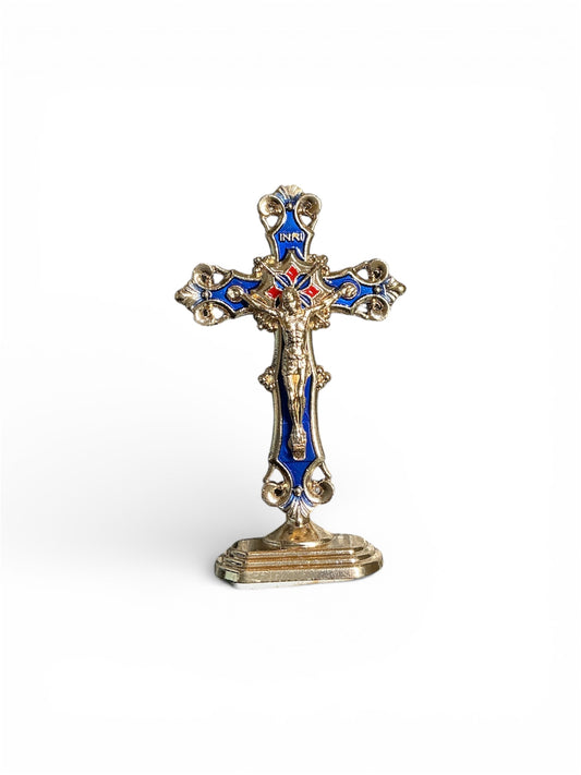 Gold Crucifixion with base 3” - Blue