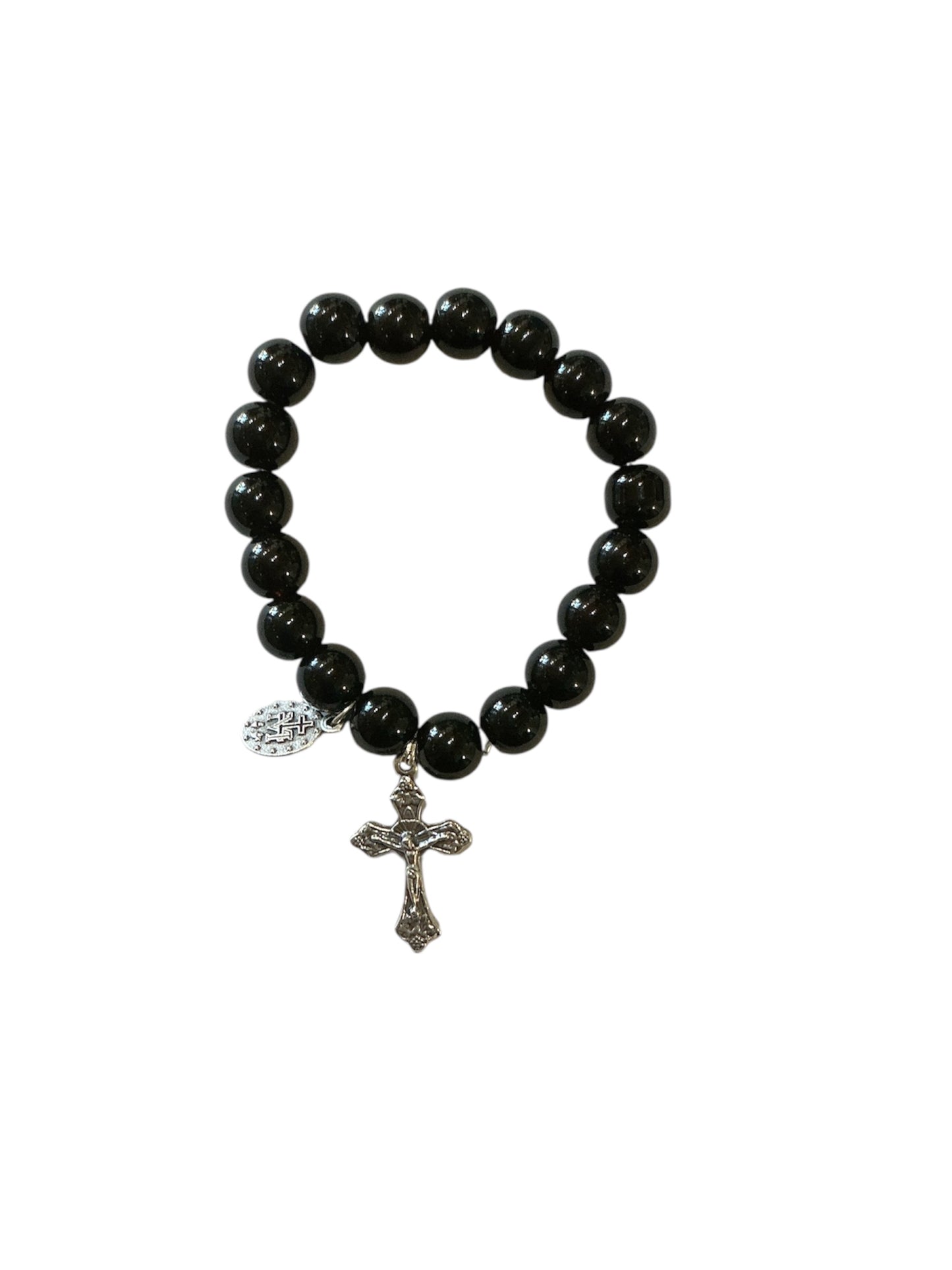 Black Marbled Glass Bead Miraculous Virgin Bracelet