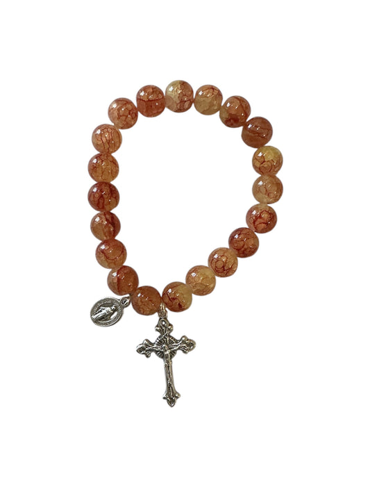 Burnt Orange Marbled Glass Bead Miraculous Virgin Bracelet