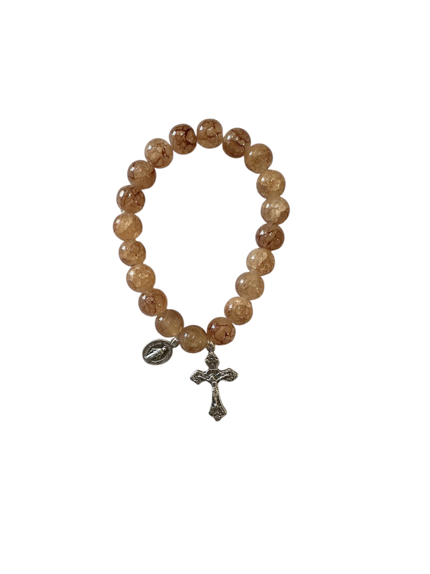 Peach Orange Marbled Glass Bead Miraculous Virgin Bracelet