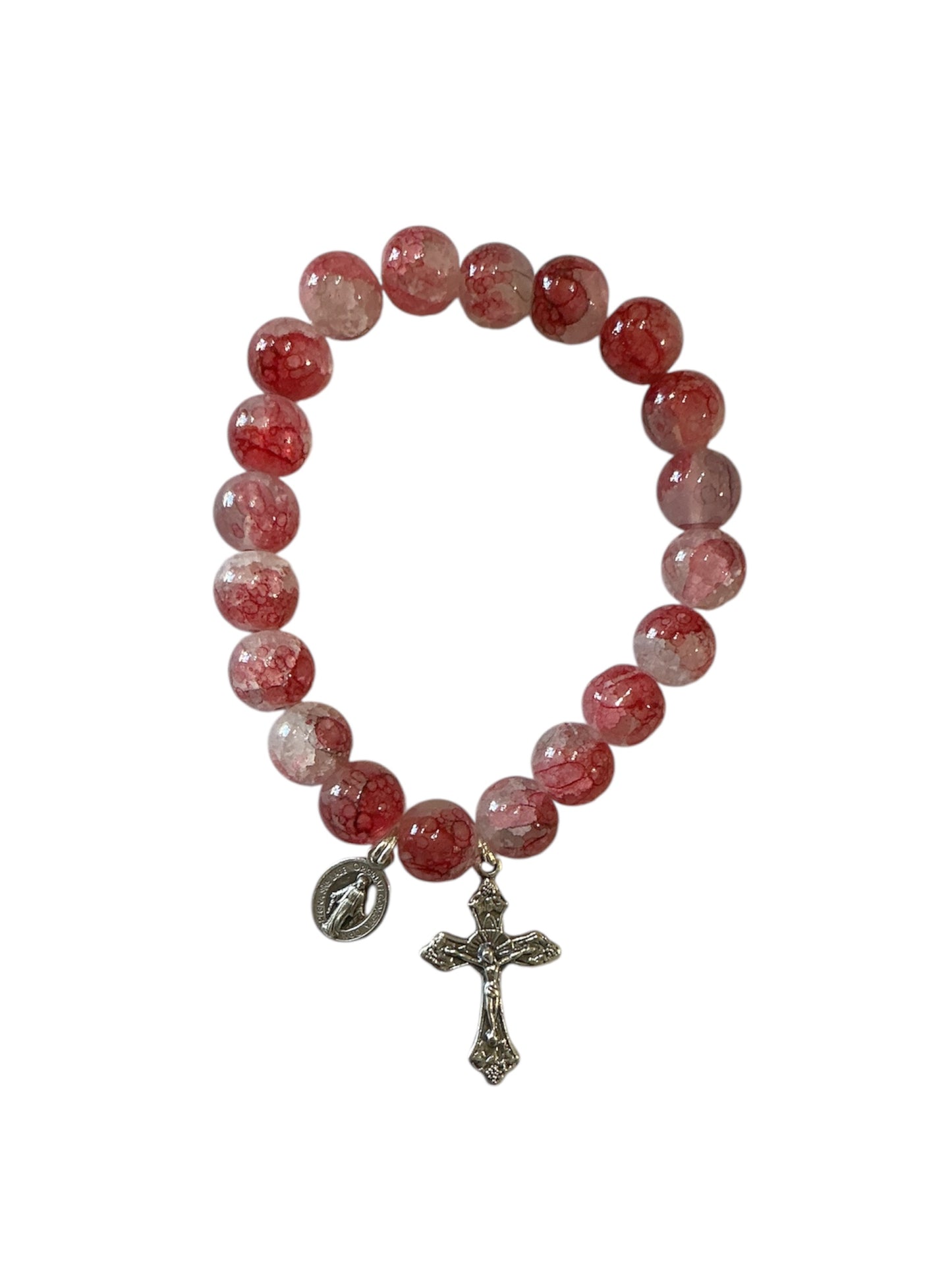 Red Marbled Glass Bead Miraculous Virgin Bracelet