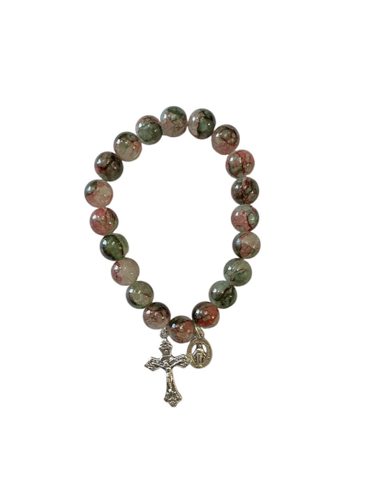 Dark Green Marbled Glass Bead Miraculous Virgin Bracelet