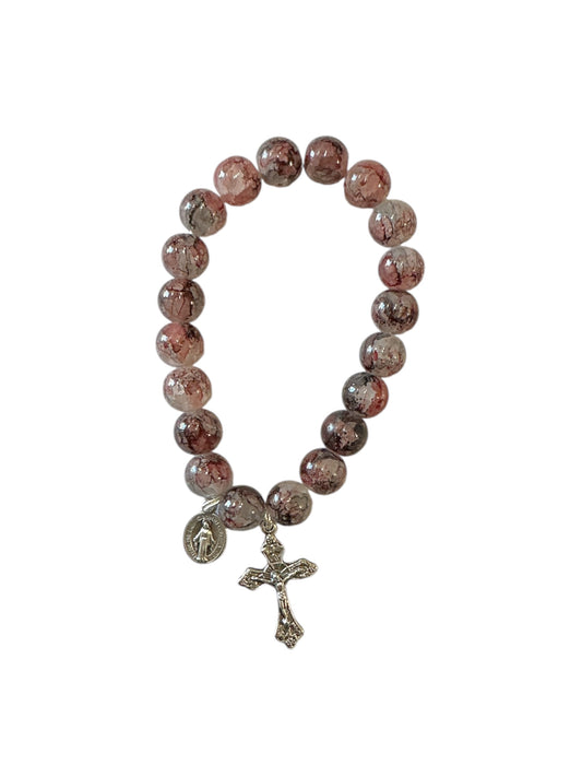 Deep Pink Marbled Glass Bead Miraculous Virgin Bracelet