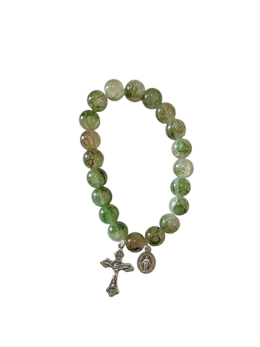 Green Marbled Glass Bead Miraculous Virgin Bracelet