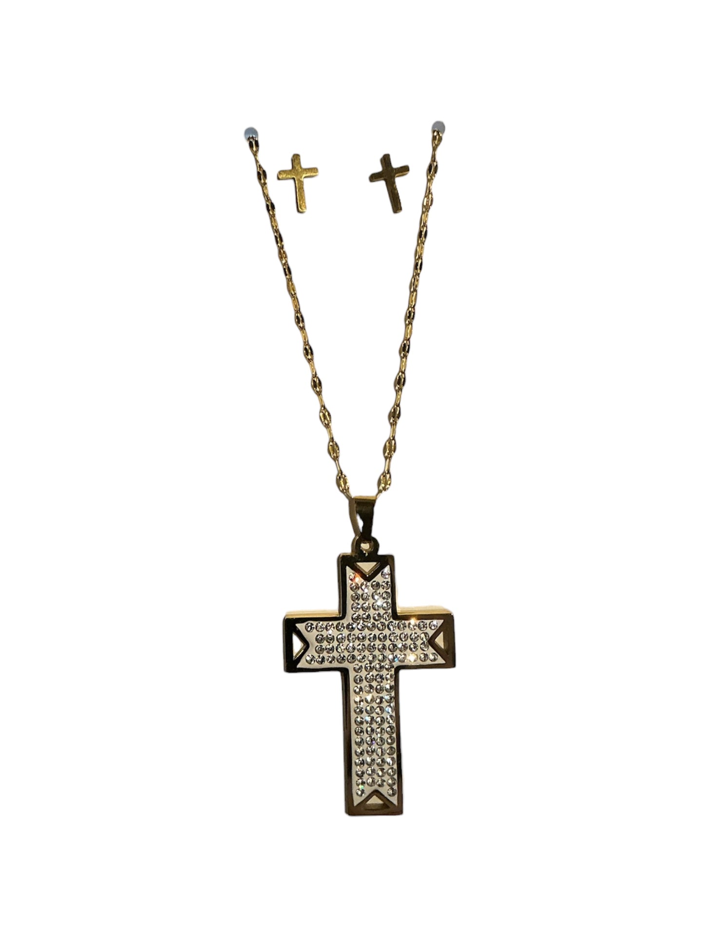 CADENA DE CRUZ BRILLOSA CON ARETES DE CRUZ