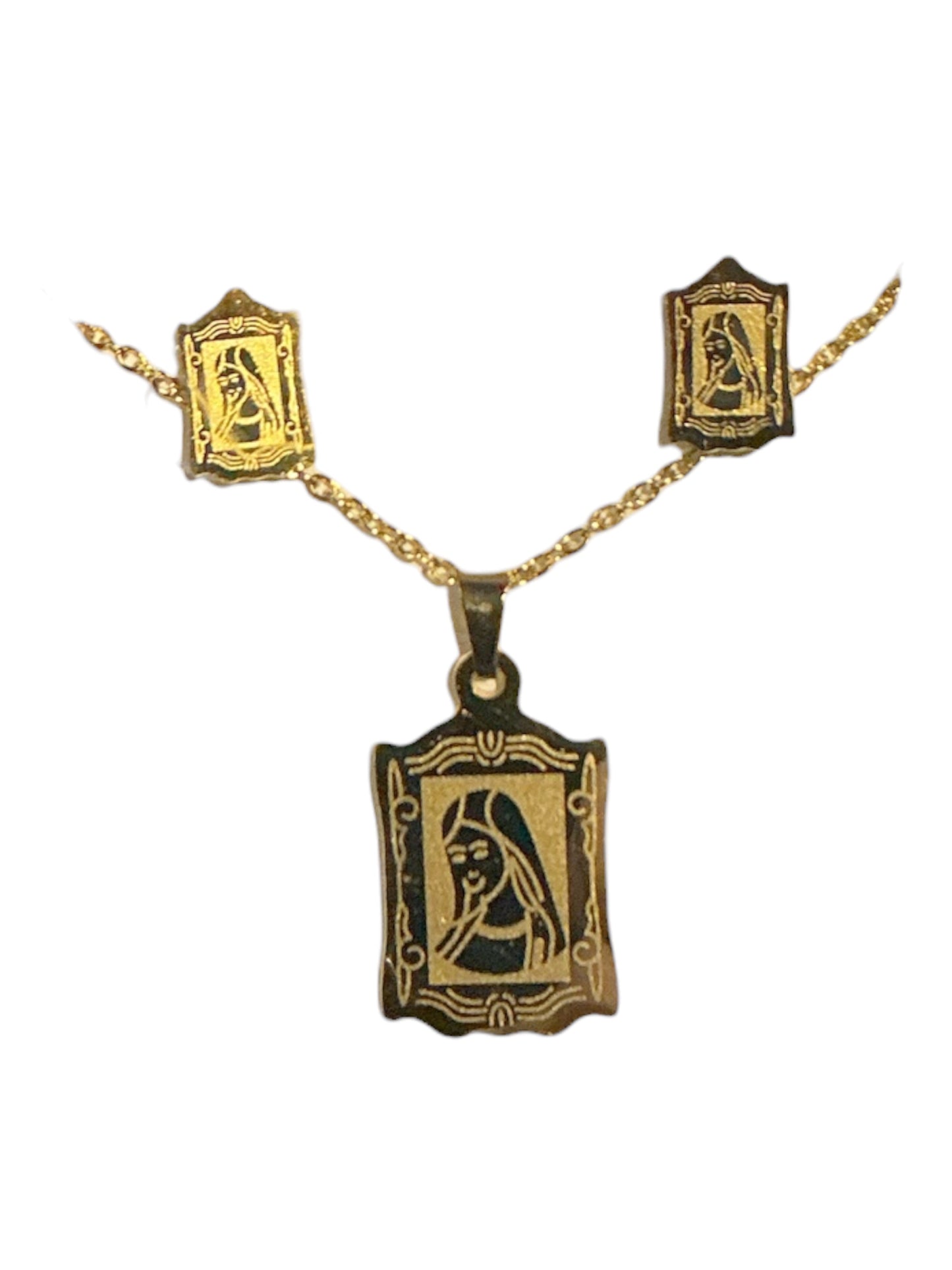 CADENA DIJE CON ARETES VIRGEN DE GUADALUPE