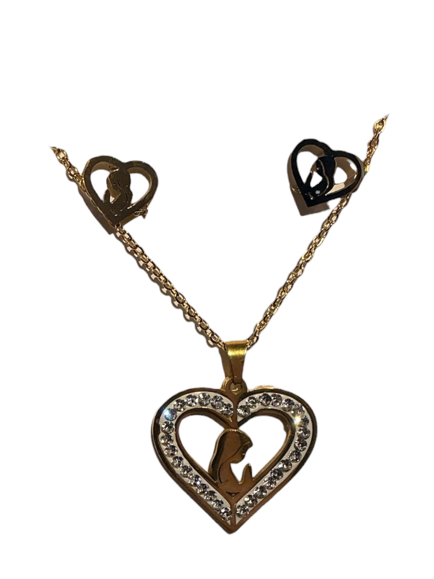 CADENA DIJE CON ARETES DE CORAZÓN DE LA VIRGEN