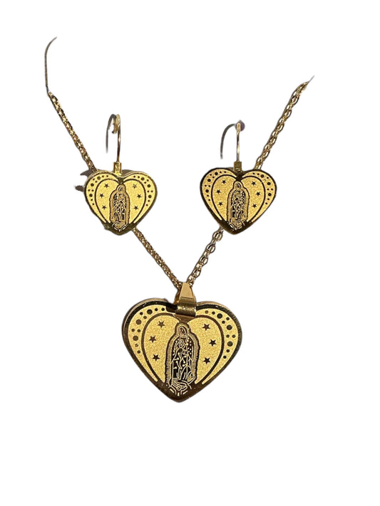 CADENA DIJE CON ARETES DE CORAZON DE LA VIRGEN DE GUADALUPE