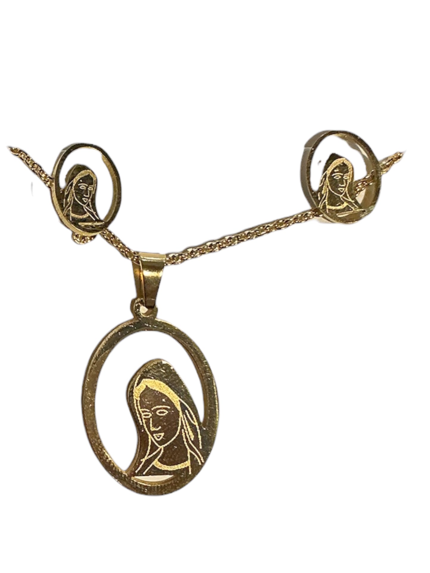CADENA DIJE CON ARETES CON LA VIRGEN