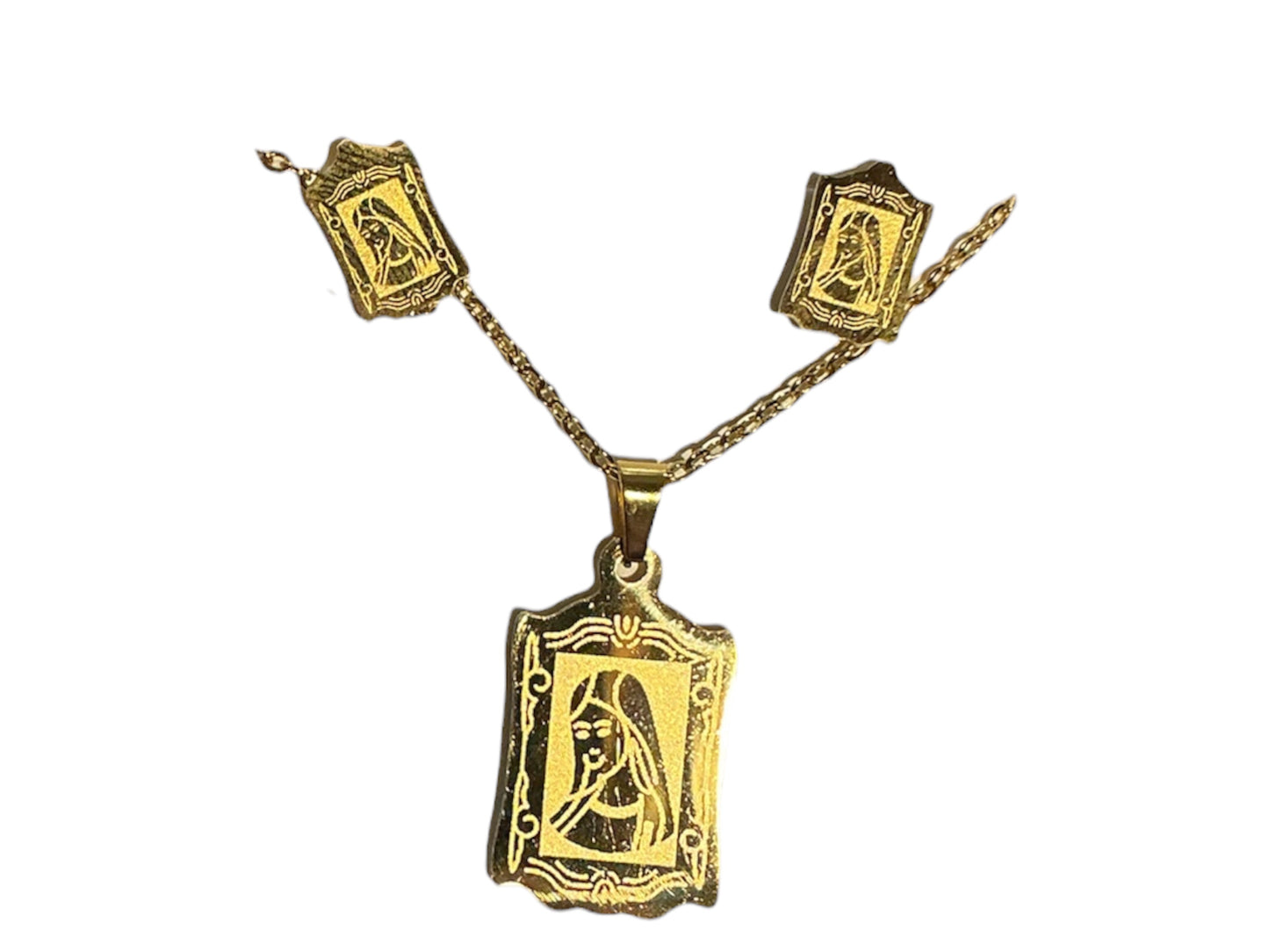 CADENA DIJE CON ARETES CON LA VIRGEN