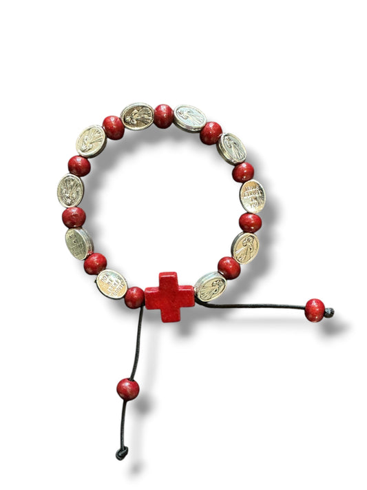 Red Cross Divine Mercy Medal Rosary Bracelet