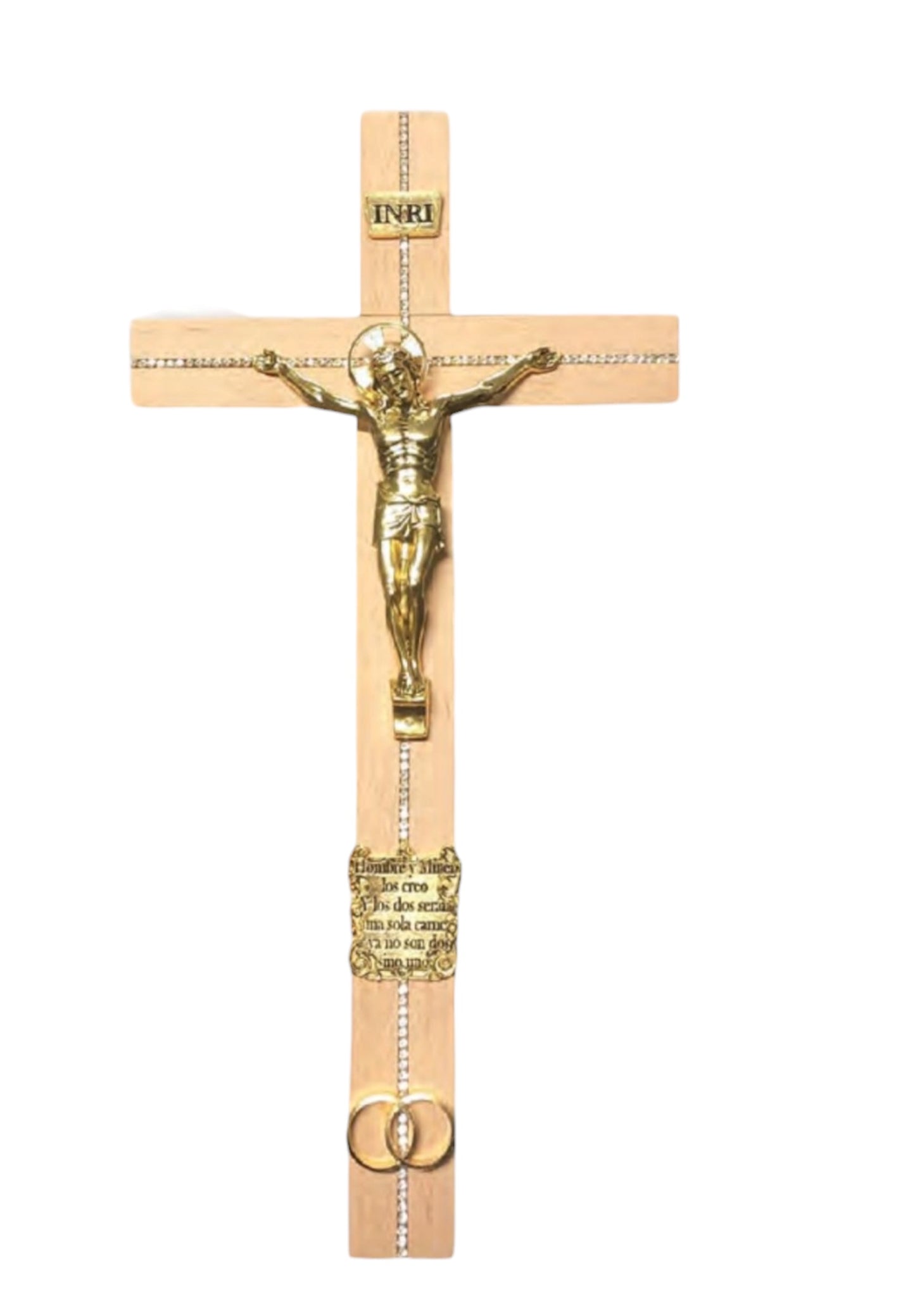 LIGHT BROWN WOOD WALL MOUNTABLE CRUCIFIX. ENCRUSTED WITH RHINESTONES. FETAURES GOLD OR SILVER DETAILING UNITY RINGS, & GOLD OR SILVER CORPUS