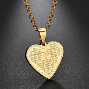 Collar de Colgante de Corazón y Cruz Grabado Padre Nuestro